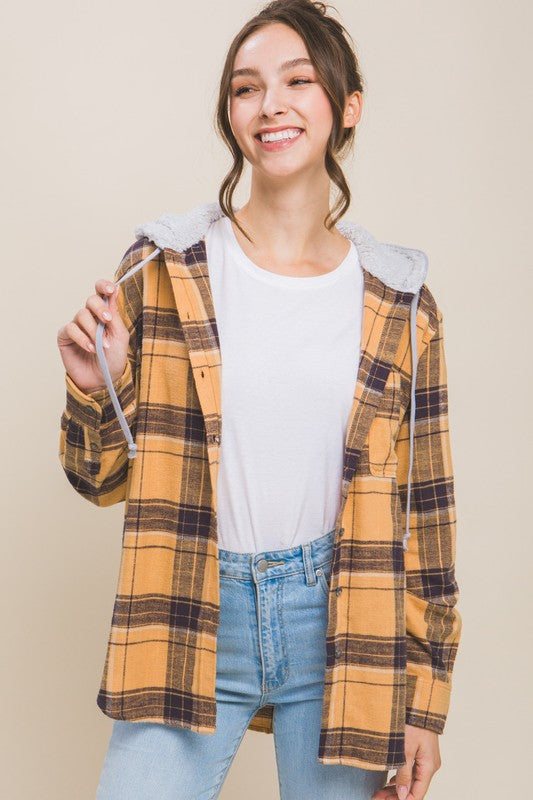 Fall Flannel Plaid Sherpa Hooded Shirt - Mustard/ Navy