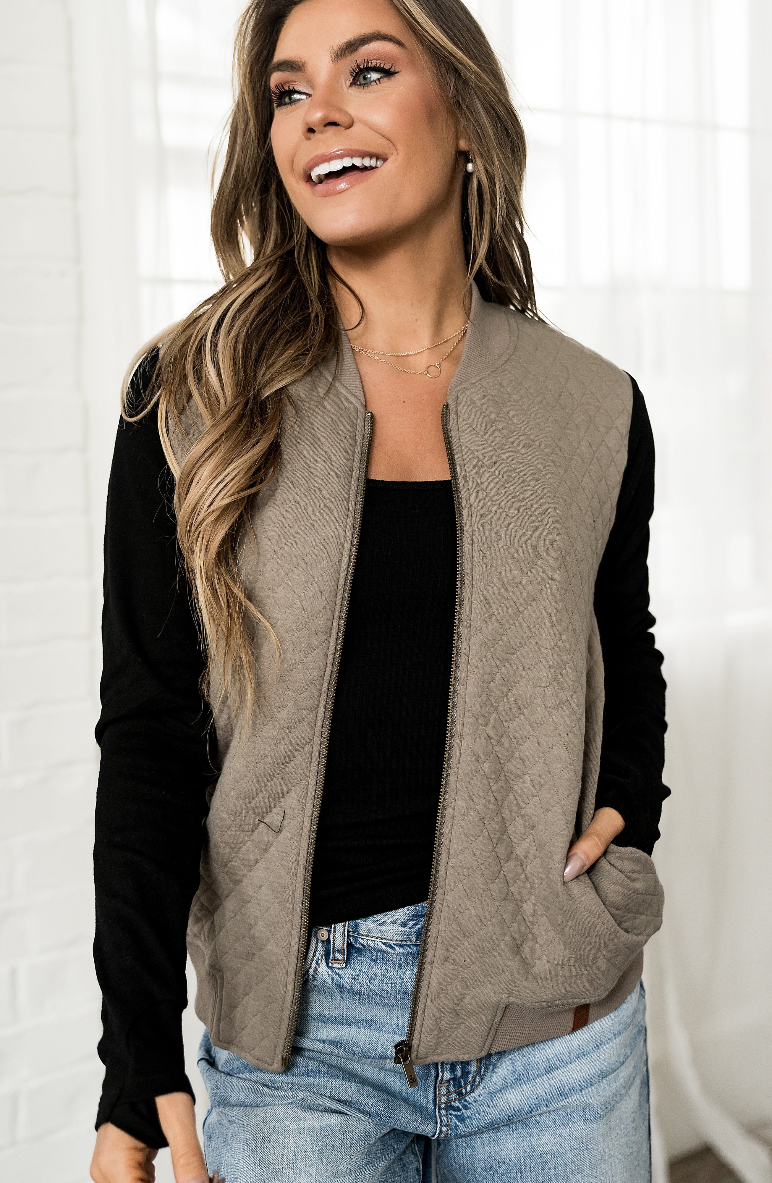 Ampersand Avenue Quilted Bomber Jacket - Black & Taupe